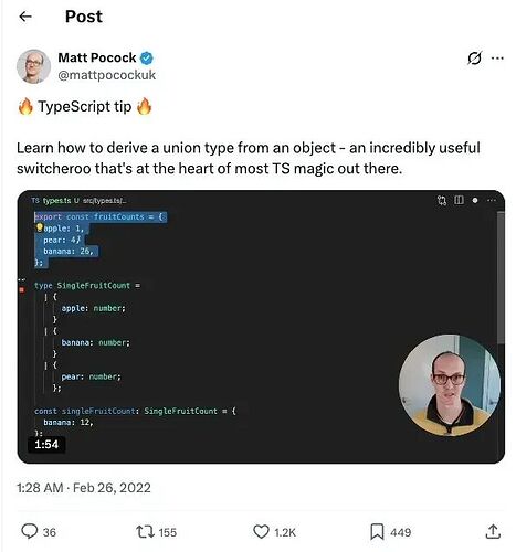 Matt 2022年开始录制 2 分钟的 TypeScript tip 视频