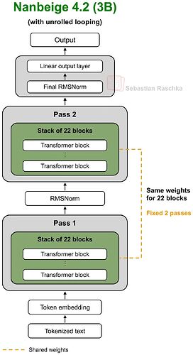 图 6：把 Nanbeige4.2-3B 展开成对同一组 22 个 Transformer 模块的两遍计算，共 44 次模块应用。